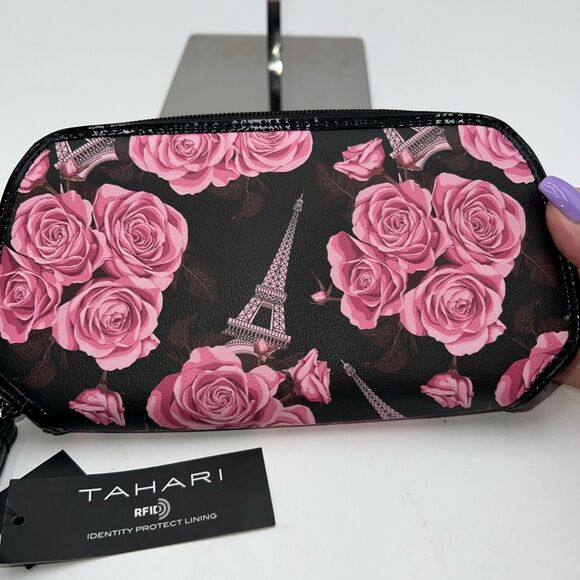 Tahari Touch of Modern Rose and Eiffel Tower Print Wristlet/Wallet RFID - Picture 2 of 9
